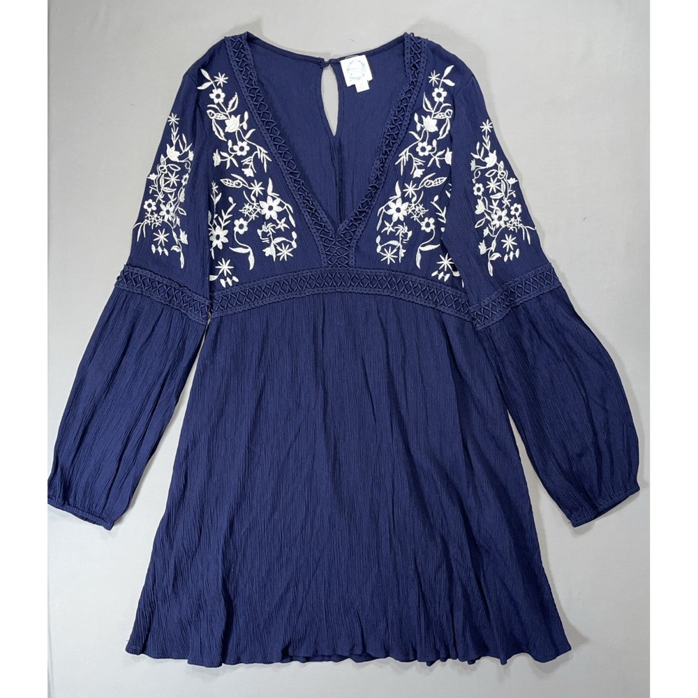 BLUE RAIN Womens‎ V-Neck Long Sleeve Boho Floral Navy Blue Mini Dress Large - Picture 4 of 13